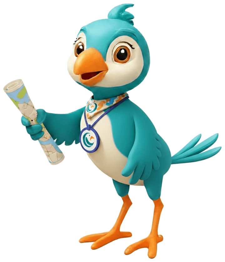 Murvi, the Murvi Traveline travel guide mascot, holding a map